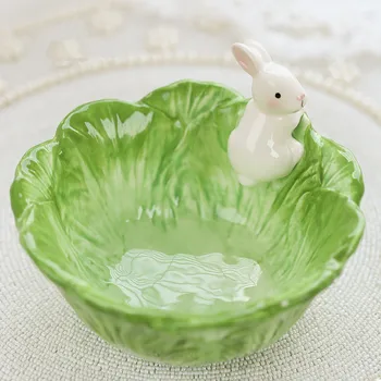 

Cartoon rabbit decorative ceramic bowl home decor crafts kitchen accessories animal porcelain storage bunny fruits salad bowl