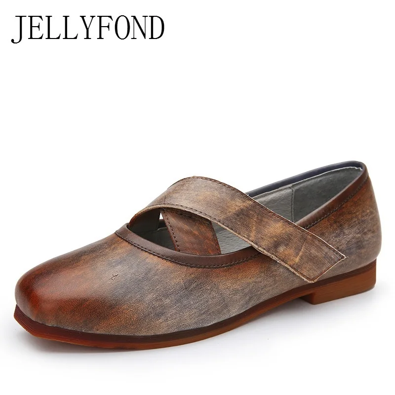 

JELLYFOND Vintage Genuine Leather Handmade Shoes Woman Square Toe Cross Tied Ladies Loafers Comfortable Women Driving Shoes