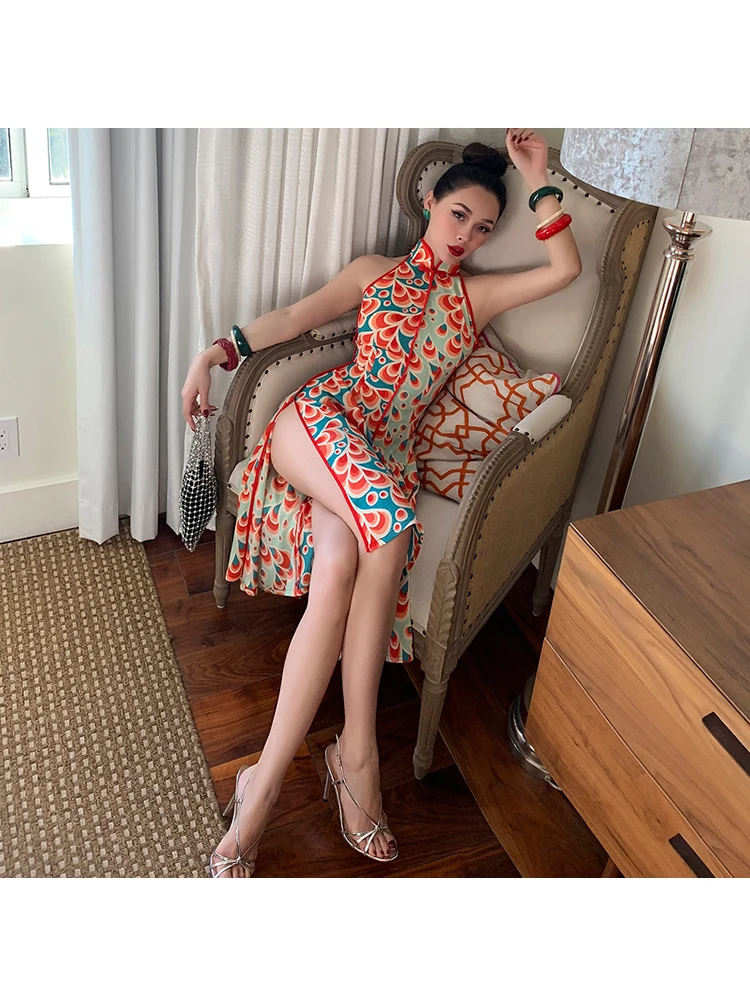 Wholesale qjB4U Le Palais Vintage Original Retro Contrast Color Collision Water Pattern Simulation Silk Show Thin Cheongsam Party Women Dress Wholesale qjB4U Le Palais Vintage Original Retro Contrast Color Collision Water Pattern Simulation Silk Show Thin Cheongsam Party Women Dress