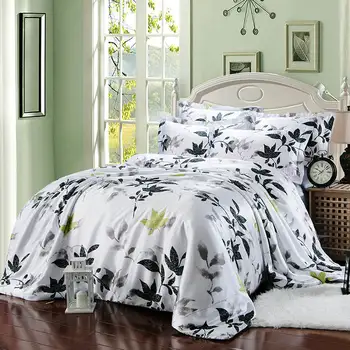 

satin silk bedding set bed linens coverlets duvet covers twin full queen king size leaf printed adult bedroom black grey color