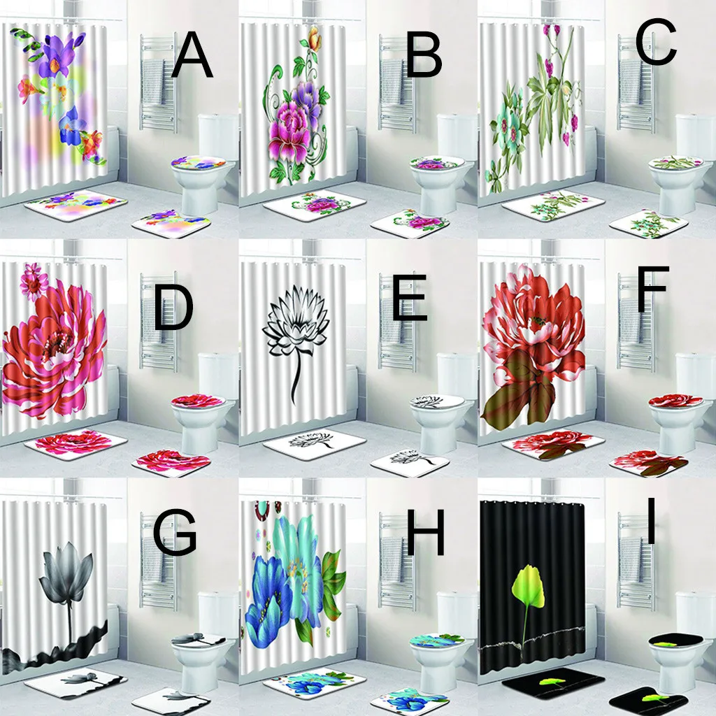 

4PCS Non Slip Toilet Polyester Cover Mat Set absorption Shower Bath Curtain Toilet WC Rugs Shower Room Accessories L0610