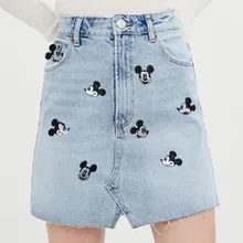 Дженни и Дэйв джинсовые юбки Женщины Улица мило с мышонком из мультфильма Вышивка Мыть Синие заусенцы Высокая талия мини джинсовая юбка Большие размеры