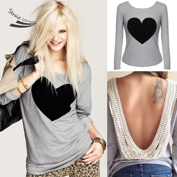 Blusas femininas футболка Женщины Серый спинки пикантные однотонные Длинные рукава