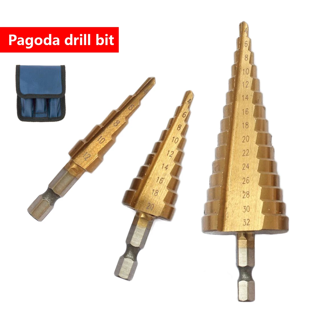 

HSS Step Cone Drill Bit Set Titanium Coated Woodworking Hole Milling Cutter 3pcs 4-12/4-20/4-32mm