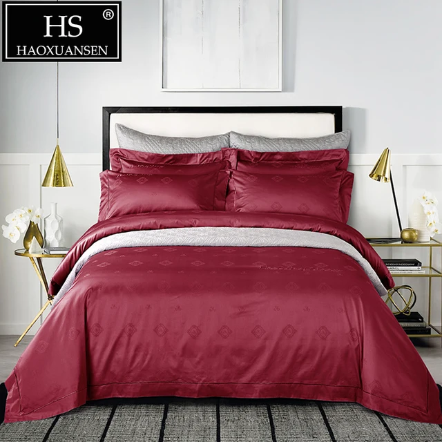 Hs 100s Luxurious Crimson Jacquard 4pcs Bedding Sets 100 Cotton Hs 100s Luxurious Crimson Jacquard 4pcs Bedding Sets 100 Cotton High Density Duvet Cover Bed Sheets Set Queen King Linen