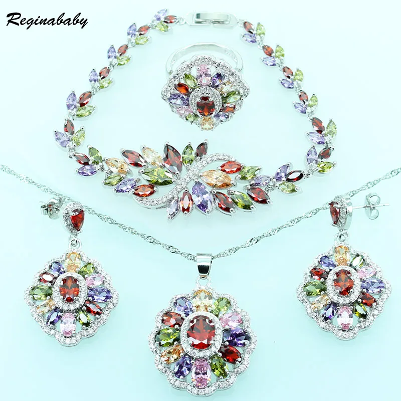 

Created Multi Gems Silver Color Jewelry Sets For Women Wedding Bridal Bracelet/Necklace/Earrings/Ring/Pendant