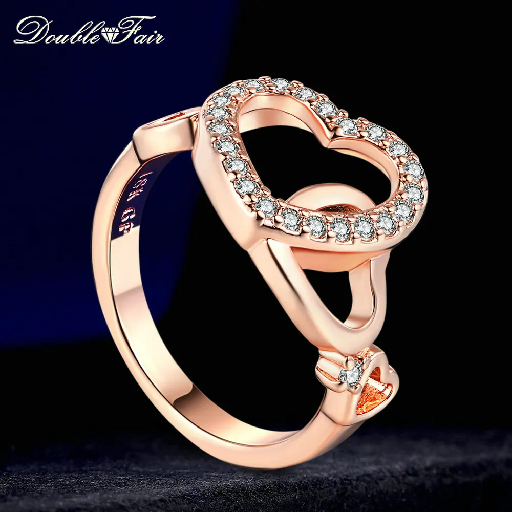 

Double Fair Love Heart Rings For Women Rose Gold / Silver Color Fashion Cubic Zirconia Wedding Jewelry Ring Heartbeat DFR154