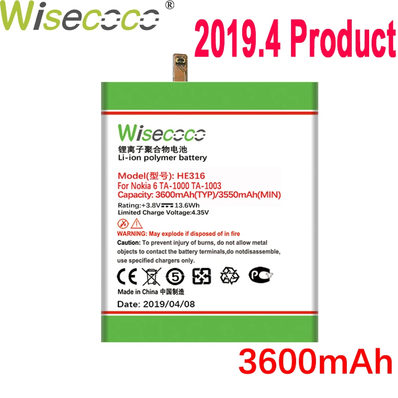 

WISECOCO 3600mAh HE316 Battery For Nokia 6 TA-1000 TA-1003 TA-1021 TA-1025 TA-1033 Phone Latest Production+Tracking Number