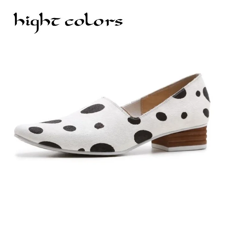 

New Style Horsehai Shallow Slip On Women Low Heel Pumps Lady Casual Single Shoes Women's Pointed Toe Zapatos Mujer Black White