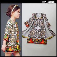 winter Girl cotton set children’s Retro printed coat sleeve vest suit Two-piece clothing