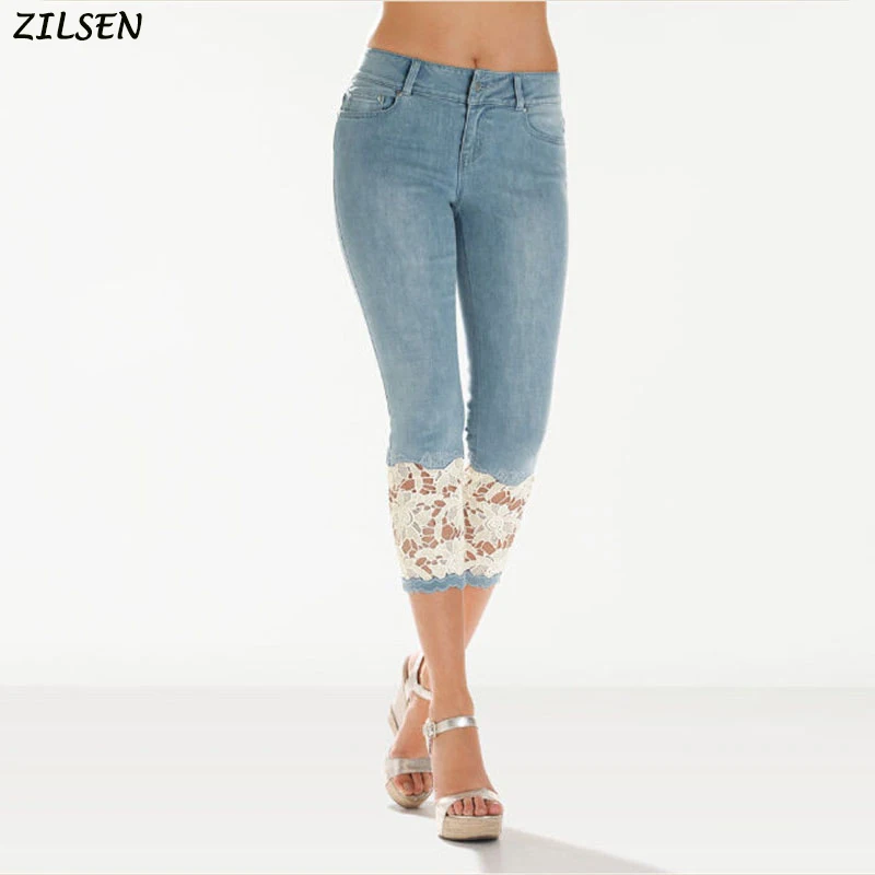 

2019 new Women's Korea Lace Jeans Cropped Trousers Spring Summer Embroidery Push Up Pants Sexy Ladies Plus Size XL cotton
