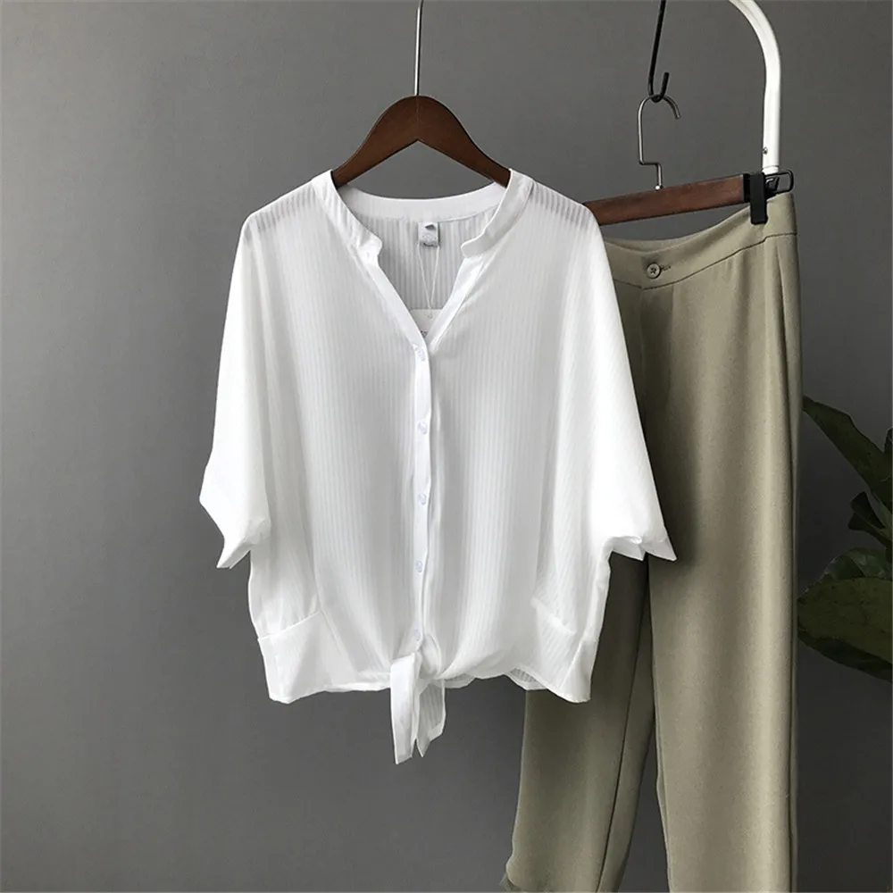 Short Style Loose Chest Women Blouse Shirt 2018 Summer V Neck Casual Short Shirt Chiffon Half Sleeve Dating Blouse campus Shirt (4)