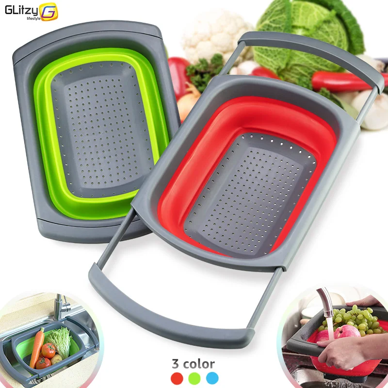 

Kitchen Colander Fruit Vegetable Washing Basket Foldable Strainer Collapsible Drainer Over The Sink Adjustable Silicone Tools