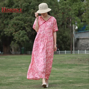 

Hisenky 2019 Summer Ramie Dress Women Pink High Waist Pleated Maxi Dress Casual Floral Bohemian Beach Dress with Pockets