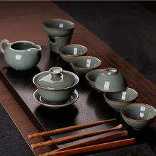 

10 Pcs/set Longquan Celadon Tea Set Cracking Gaiwan Cups Cha Mug Porcelain Kung Fu Tea Maker Gift Set Drinkware Retro Decoration