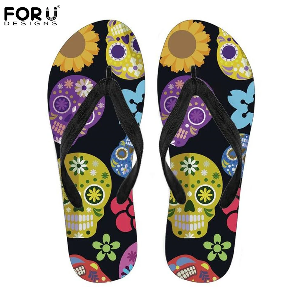

FORUDESIGNS Flip Flops Trendy Sugar Skulls Art Pattern Summer Women's Flip Flops Flats Slip-on Ladies Slippers Fashion Women