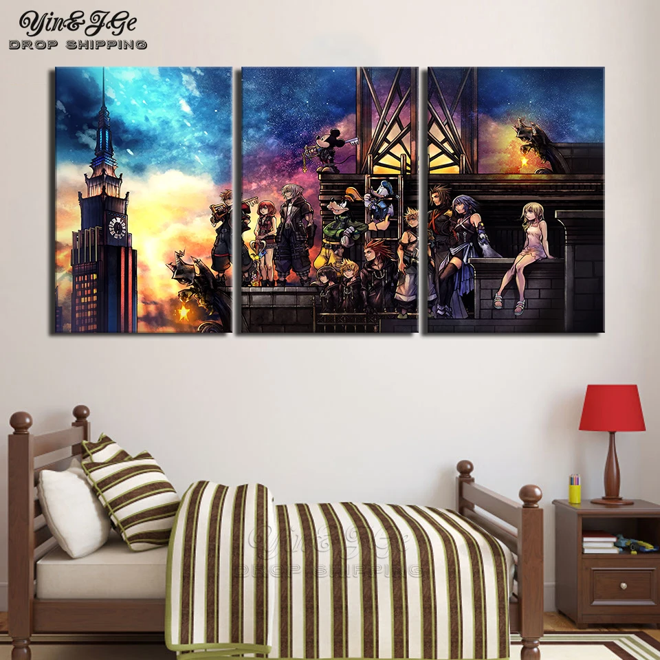 

Kingdom Hearts Cartoon Poster Modular Frame Artworks 3 Pieces Pop Game Painting Decor Kid Room HD Prints Abstract Canvas Picture