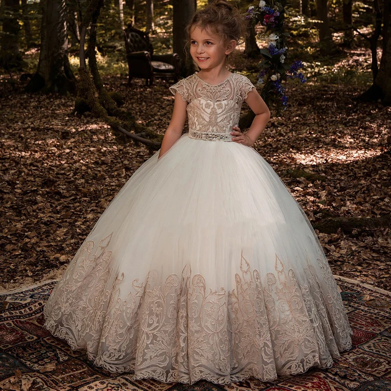 Бальное платье принцессы с золотыми аппликациями и цветком шампанского, платья для девочек 2019 года, кружевное Пышное Платье для девочек