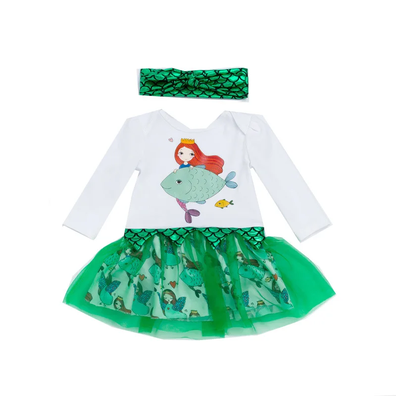 

Baby Girl Clothes Newborn Bodysuits 2PCs/set Cotton Long Sleeve Green Mermaid Bodysuits Infant Bebe Tutu Dress Outfit 0-24M