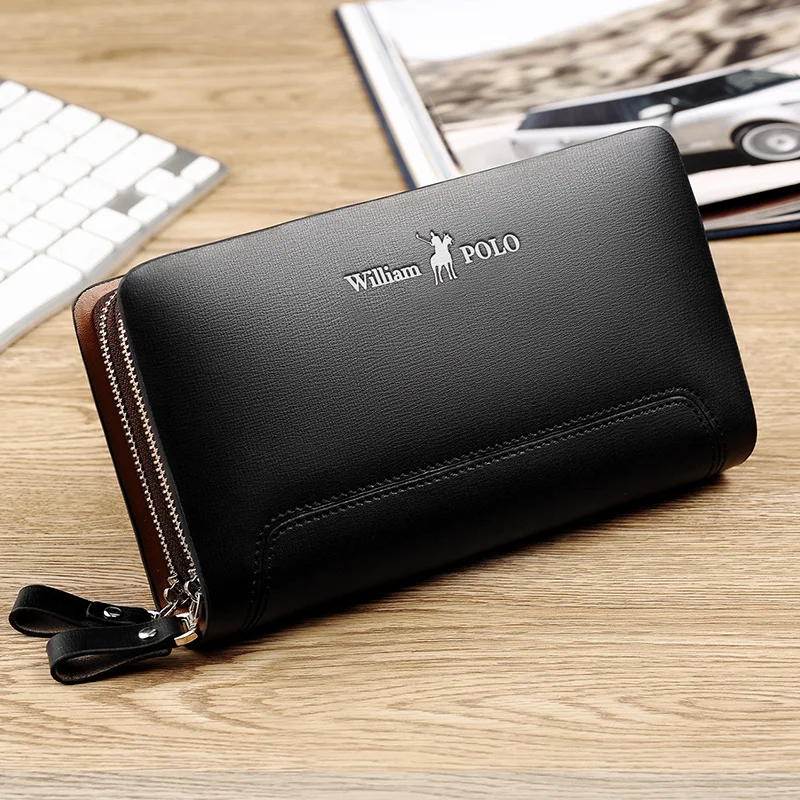 

Williampolo Men wallets Real genuine Leather Clutch Bag Men Europe and American Style Fashion Black double zipper long Bag PL188