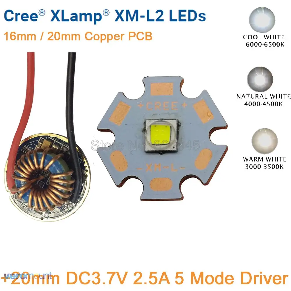

Cree XM-L2 T6 10W Cool White Neutral White Warm White LED Emitter Full Copper PCB+20mm DC3.7V 2.8A 5 Modes Dimmable Driver