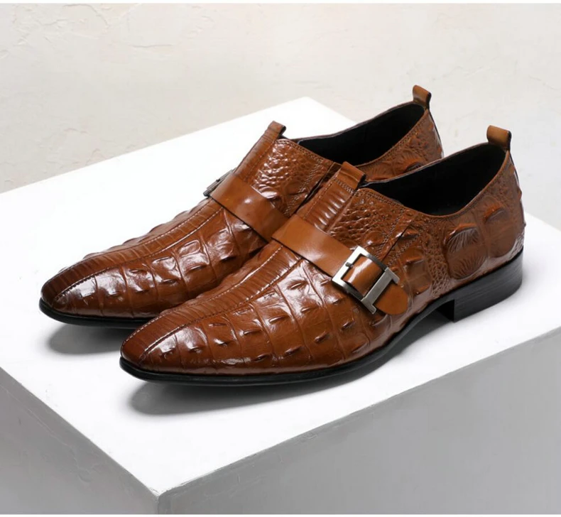 Casual Men Shoes Leather Red Formal Brogue Shoe Buckle Emboss Crocodile Genuine Leathers Mens Loafers Leather Dress Wedding Shoes (6)