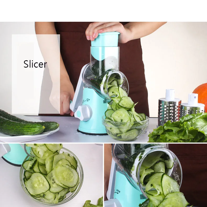 Manual Hand Safe Grater Vegetable Cutter Peeler Cutting Dicer Spiralizer Slicer Chopper 3 Interchangeable Round Rotary Blades