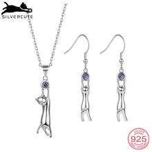 SILVERCUTE Cat Kitty, ювелирные наборы для женщин и девочек, подлинный 925 пробы, серебряное ожерелье, серьги, набор с топазом, драгоценным камнем SCPE6025B