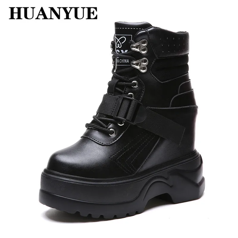 

2018 Women Ankle Boots Winter Leather Shoes Woman Lace Up Platform Boots Motorcycle Booties Autumn Wedges Heels 11 CM Sneakers