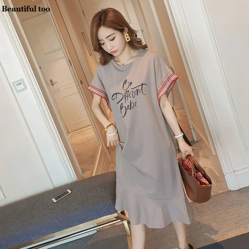 

Women Shirt Dress Summer Short Sleeve Big Size M-4XL Elegant Cotton Casual Korean Long Dresses Letter Print Loose Clothes Top