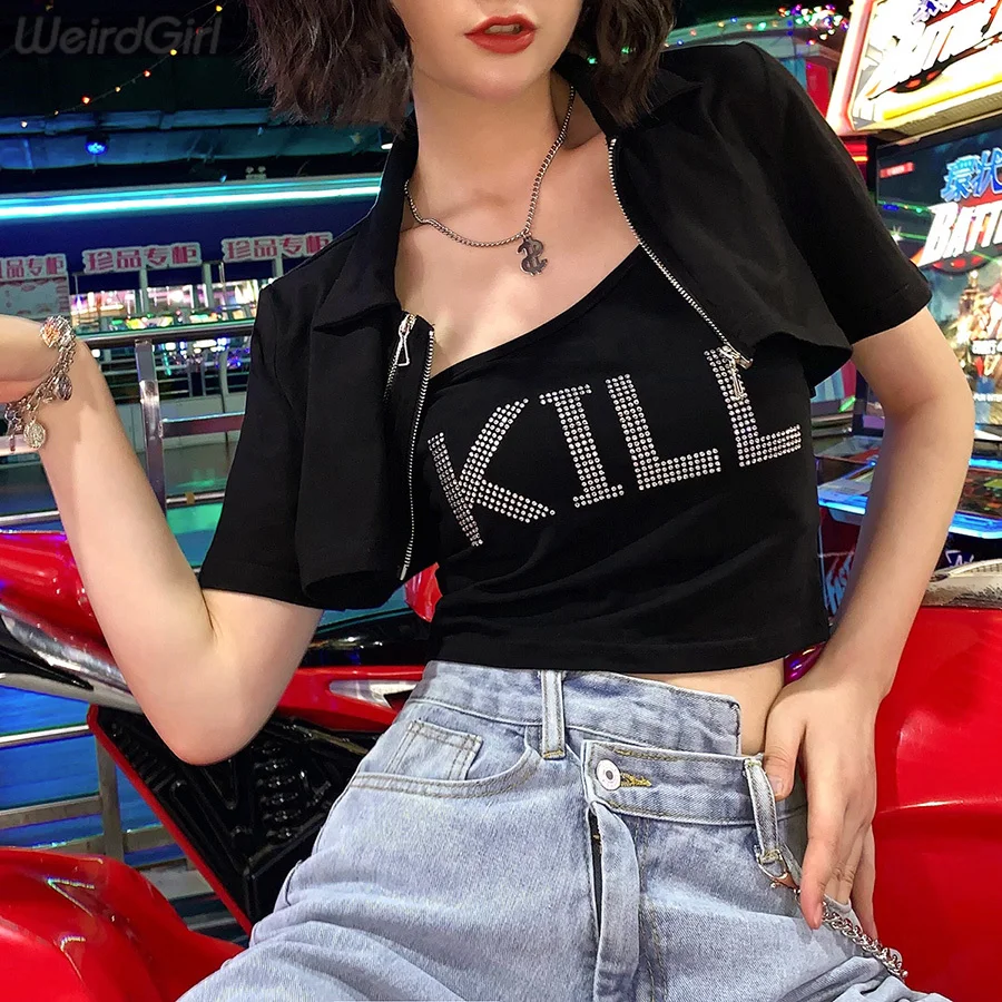 

Weirdgirl women diamonds 2 pieces T-shirts femme tops short sleeve femme tops crop tops elastic summer streetwear new 2019