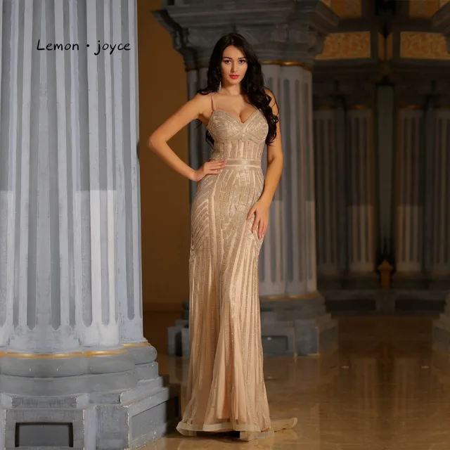 Lemon joyce Champagne Evening Dresses Long 2021 Sexy V-neck Mermaid Evening Gown Party Dress Plus Size robe de soiree 1