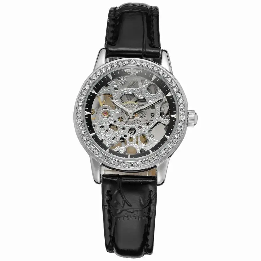 Женские прозрачные механические часы с кристаллами и бриллиантами, модные дизайнерские женские наручные часы со скелетом, relogio feminino - Цвет: silver black