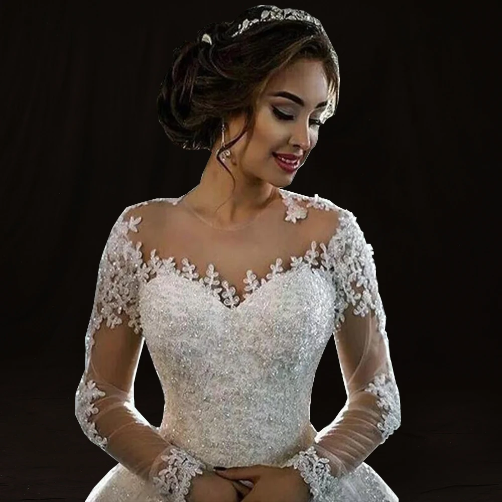 Robe de mariage бальное платье свадебное платье Длинные рукава Кожа Свадебные платья из фатина роскошные вышитые бисером платья невесты Vestido de Novia