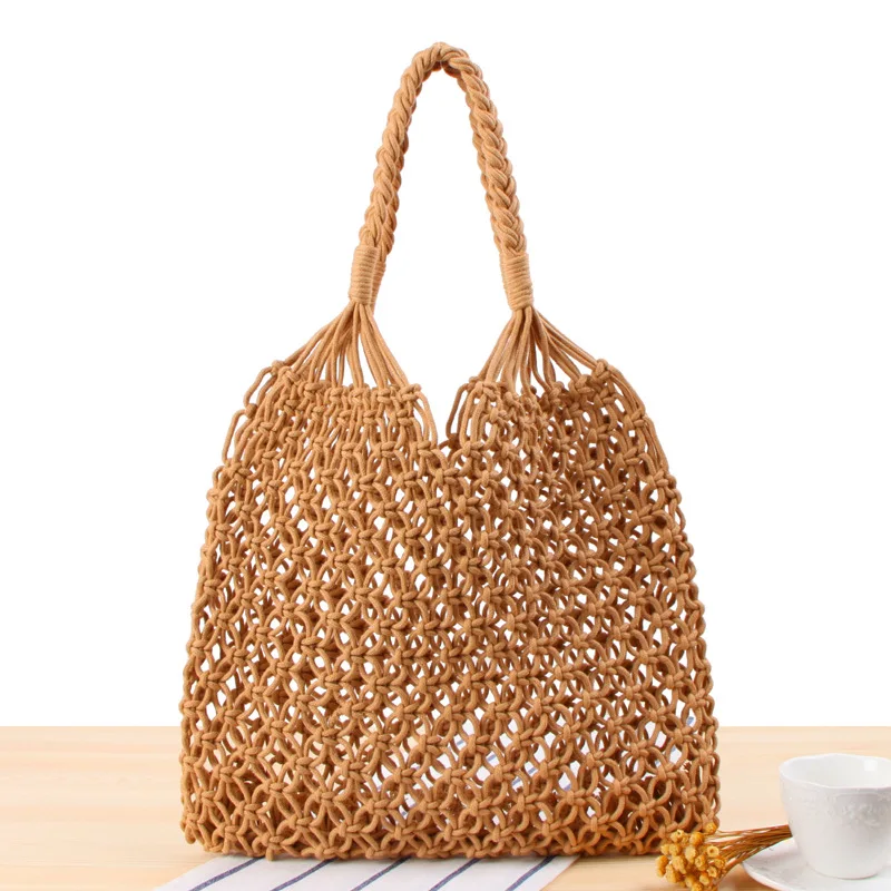 Ins Fashion Popular Summer Beach Bag Mesh Rope Weaving Tie Buckle Reticulate Hollow Straw Bag No Lined Net Shoulder Bag