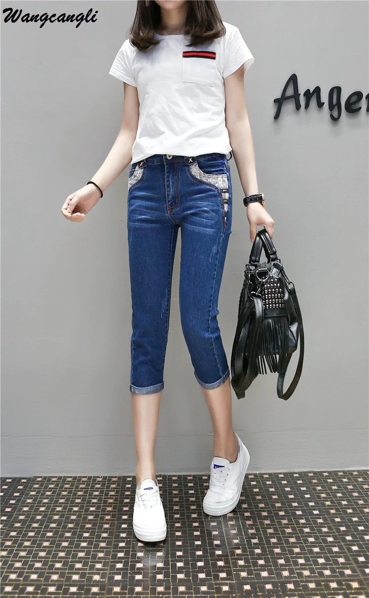 Wangcangli New Brand Women Jeans Lace Pocket Skinny High Waist Plus Size Bleached Fashion Calf Length