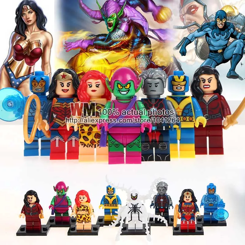 

8pcs/lot Super Heroes Green Goblin Blue Beetle Wonder Woman Talia al Ghul Anti-Venom Building Blocks Toys for children X0170