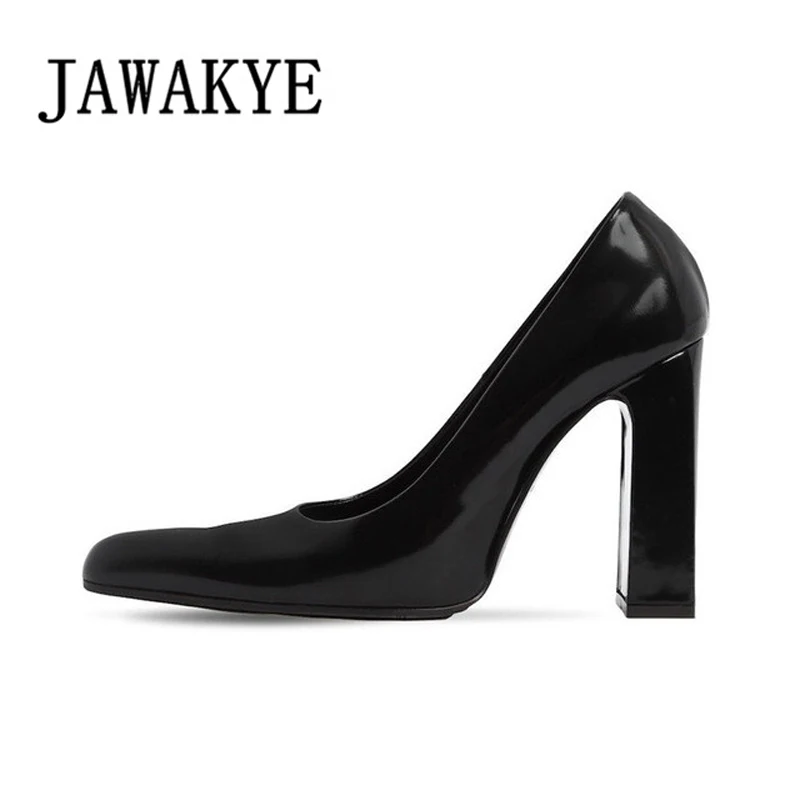 

2019 Retro Genuine Leather Solid Shallow Women Pumps Pointed Toe Chunky high heels Shoes Runway Party Shoes Women Pumps