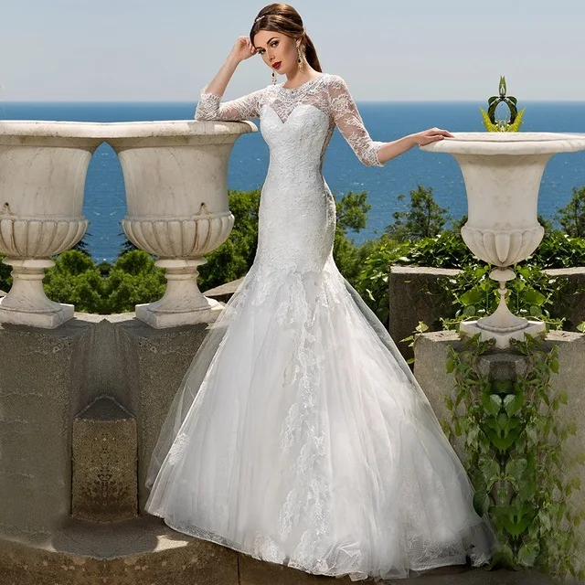 

Three Quarter Sleeve Lace Mermaid Wedding dresses Plus Size Open Back O-Neck Bridal Dress Robe mariage Vestidos de novia