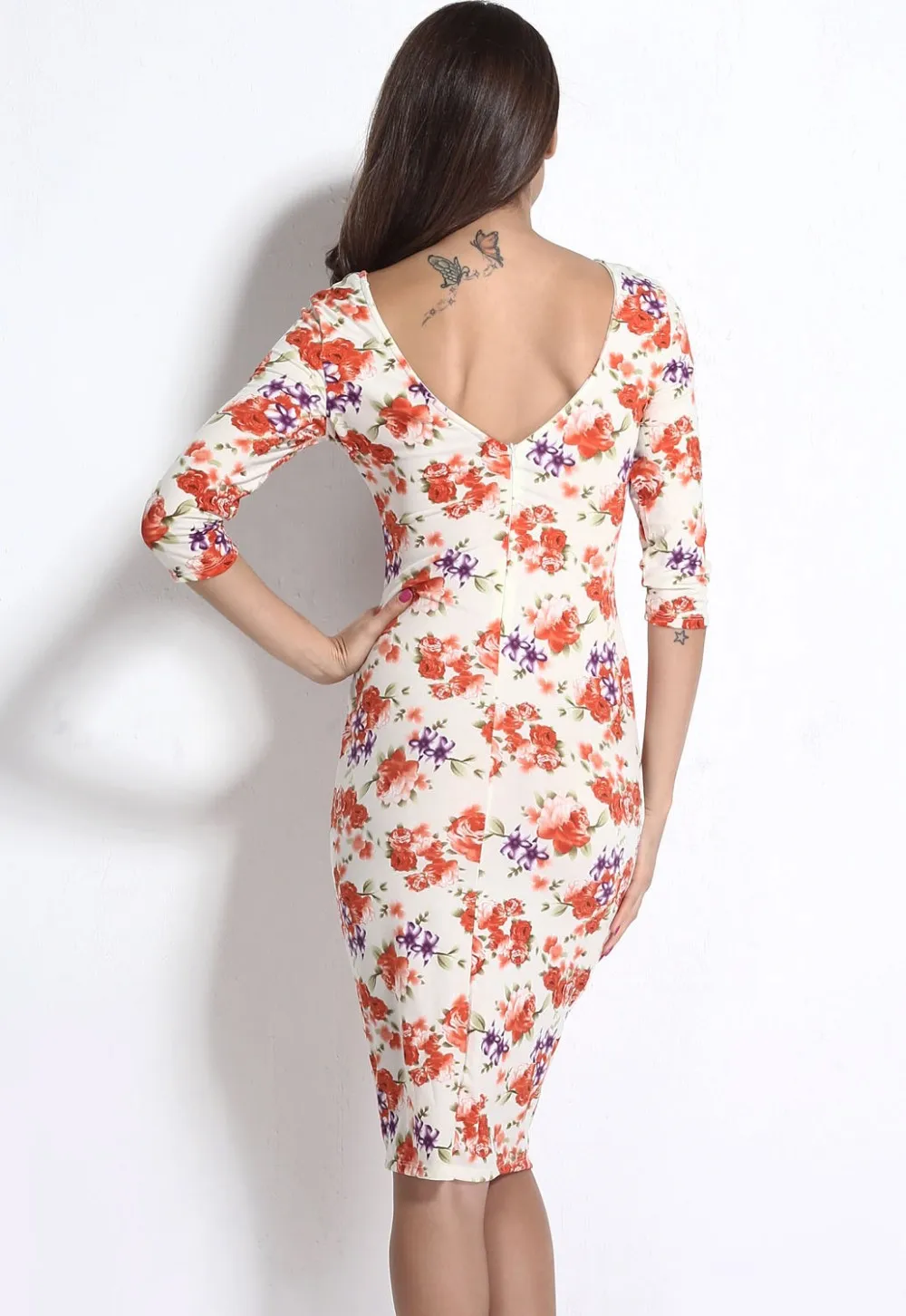 Cream-V-Back-Half-Sleeves-Floral-Midi-Dress-LC6559-1-21241
