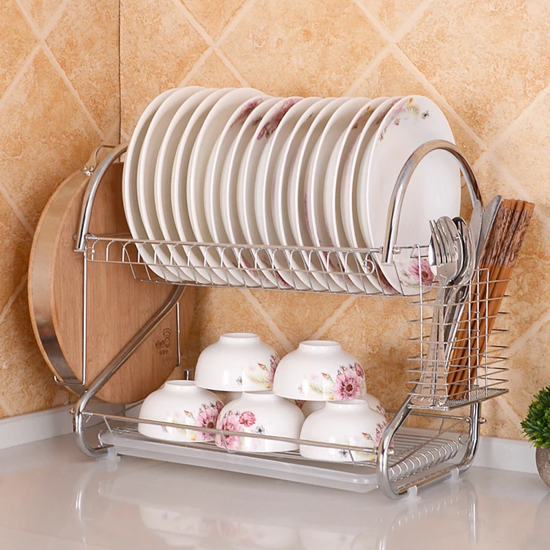 2 Tiers Dish Drying Rack Holder Basket Plated Iron Kitchen Washing Sink Dish Drainer Drying Rack Knife Bowl Organizer 08164