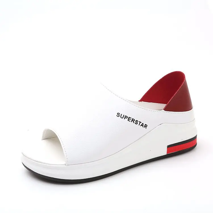 

2019 new large size muffin bottom women's shoes sandals students wild Korean version of the two wear flat white shoes.