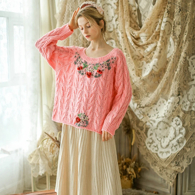 

LYNETTE'S CHINOISERIE Spring Autumn Original Design Women Loose Mori Girls Chic Embroidery Pink Knitted Pullovers Sweaters