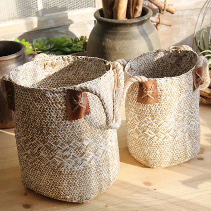 

Home Garden Foldable Seagrass Laundry Basket Storage Baskets Hanging Baskets Flower Pots Rattan Planter Organizer H1