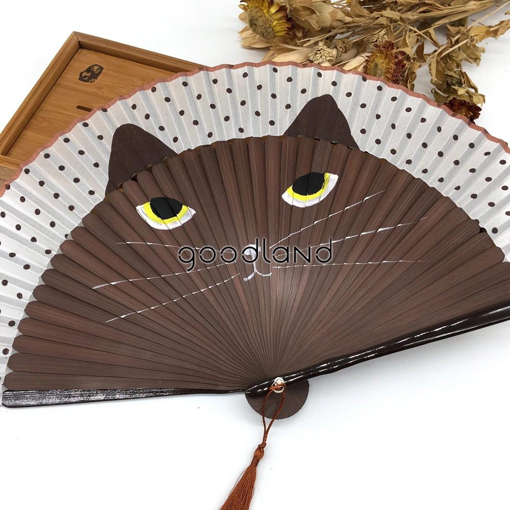 10 шт., винтажный Японский бамбуковый Шелковый ручной вентилятор с рисунком кота, крашеный Складной вентилятор, Рождественский подарок 21x38 см