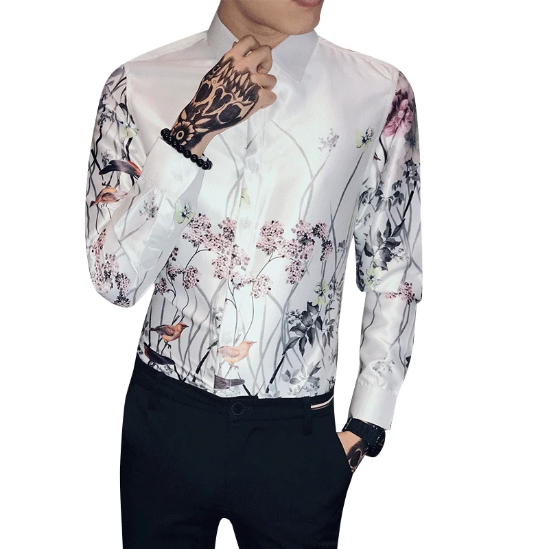 

2019 new England gray wall spring Korean version of men's long-sleeved shirt business casual big flower shirt trend students