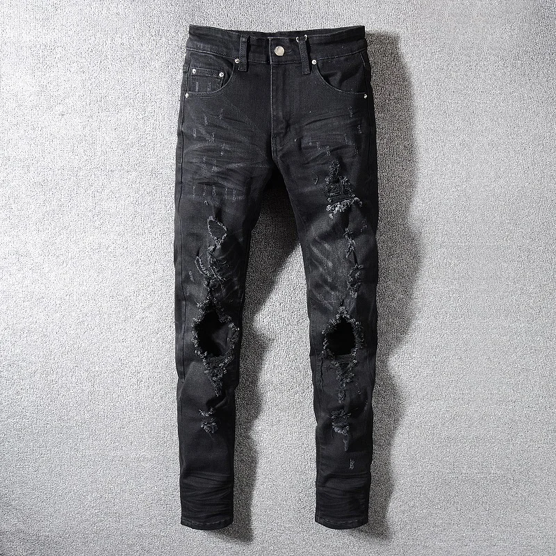 

Fashion Streetwear Men Jeans Black Color Destroyed Ripped Jeans Men Elastic Broken Pants Slim Fit Hip Hop Jeans Large Size 28-40