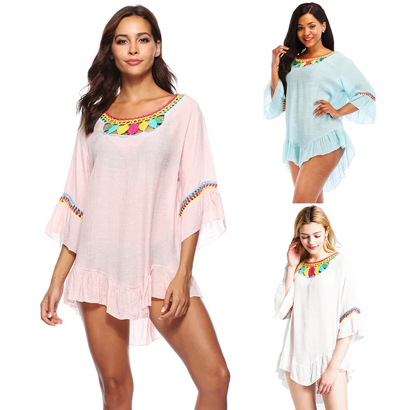 

Women's Beach Outings 2019 Robe Plage Pareo For Women Summer Kaftan New Blouses Long Sleeve Leaves At Patterned Irregular