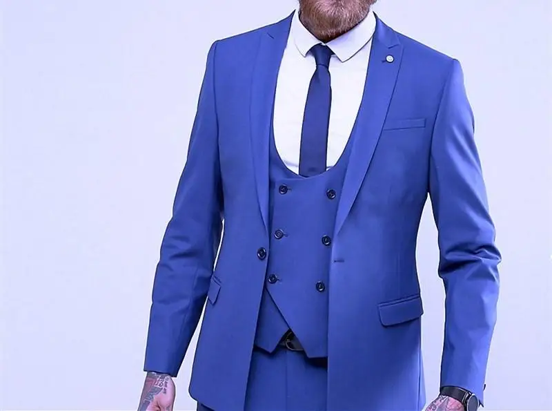 Royal Blue Three Piece Groom Tuxedos Peak Lapel One Button Man Wedding