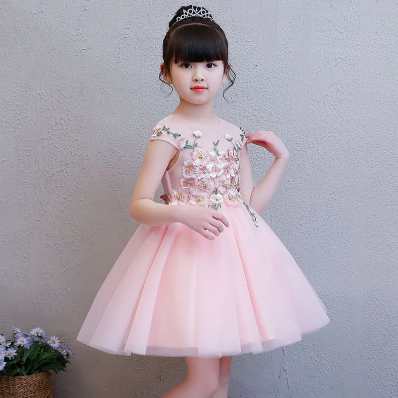 Розовое платье принцессы для детей возрастом от 1 года до 8 лет Платья с вышитыми цветами для девочек на свадьбу, бальное платье, детское платье для торжеств, костюм для дня рождения, B141